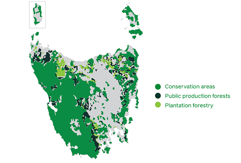 Tasmania has vast areas of forest conservation